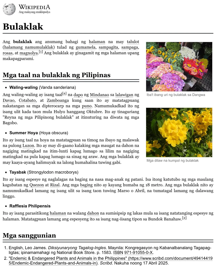 Bulaklak Wikipedia article preview